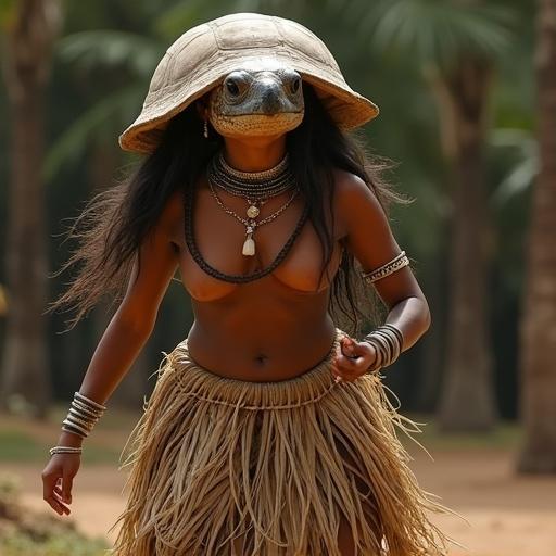 Grounded Maya guardian dancer with symbolic turtle headdress. Headdress carved to show turtle face and shell texture. Dancer wears short natural-fiber cape resembling turtle shell on back, earth-colored skirt, thick arm bands. Movement is strong and rooted.