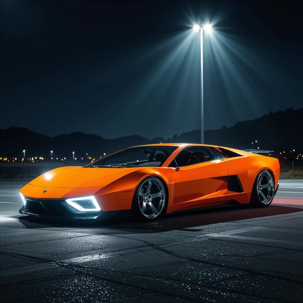 A parked angular orange concept futuristic funny car low rider. Raw photo taken at night in an epic dark scenery with god rays.