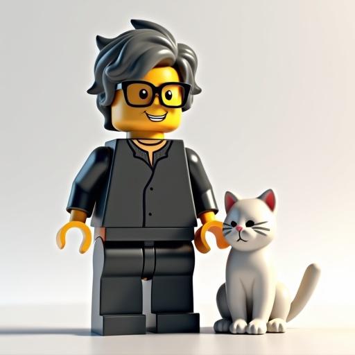 LEGO-style avatar of a man with fluffy gray and black hair and spectacles. The man stands beside a white cat. Both figures are designed in a playful manner.
