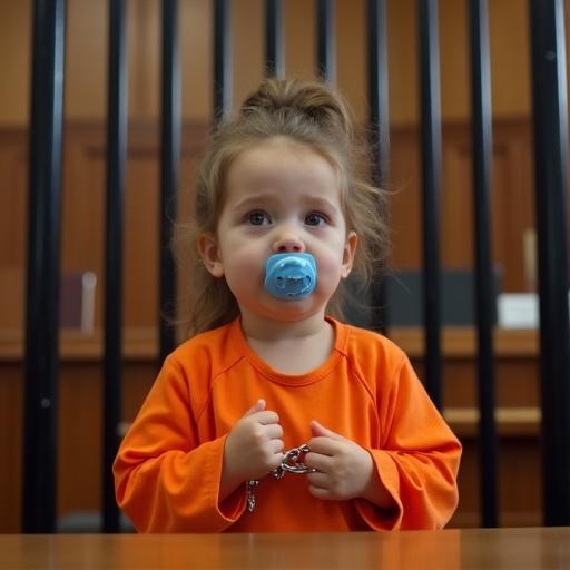 Young girl in orange jumpsuit pretends to be a prisoner. Handcuffs are on wrists. Large pacifier is in mouth. She has an emotional expression. Background shows courtroom details with wooden panels and seating. Mother plays judge.