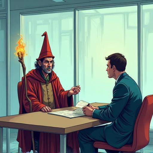 A wizard in robes with a glowing staff nervously sits across from a modern-day office interviewer in a glass-walled room. The interviewer flips through the wizard's resume and says, 'It says here you once turned a mountain into a frog?' The wizard nods proudly, responding, 'It didn't ribbit at first, but I sorted that out.' In the final panel, the interviewer looks impressed and states, 'Okay… you're hired. IT department. They need someone who can handle curses.'