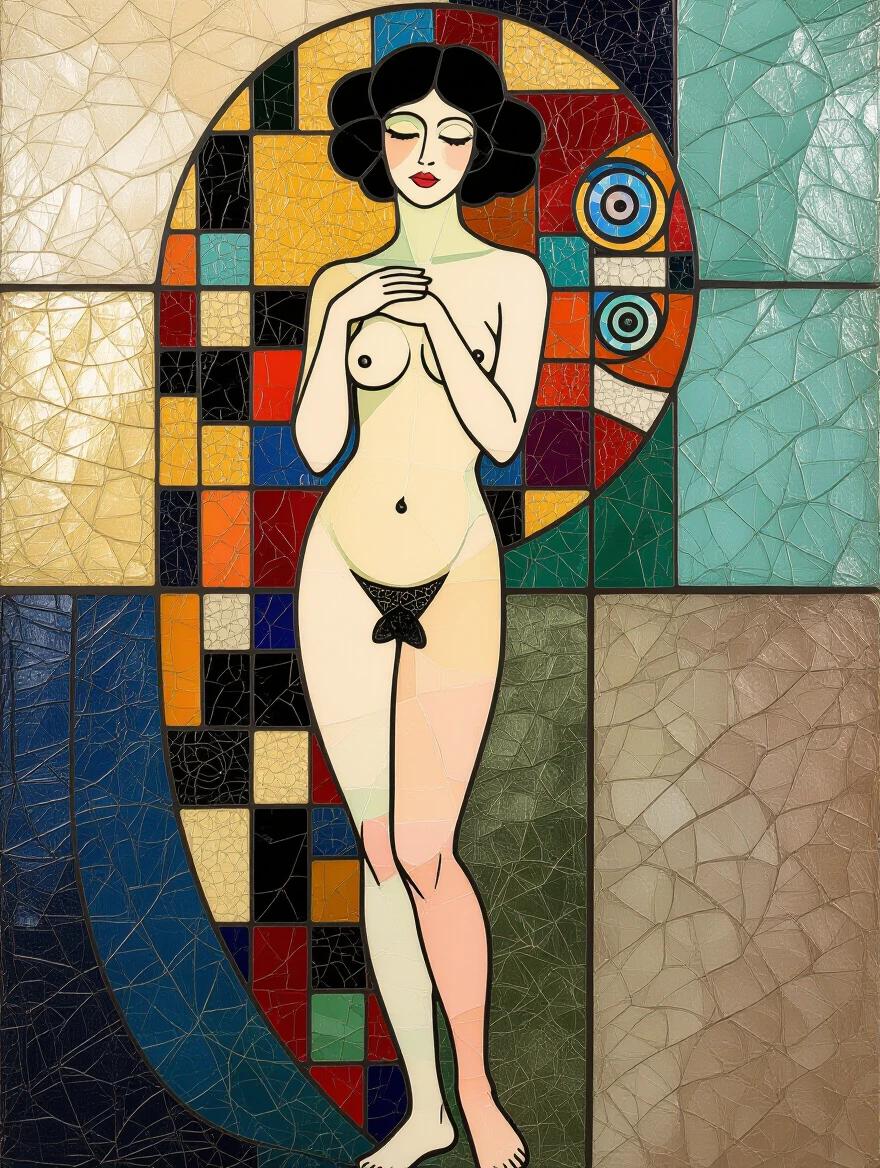 Mosaic art piece created from iridescent ceramic tiles and glass. Represents a female figure in an abstract style inspired by Klimt. Features vibrant colors and intricate patterns. The artwork has an ethereal quality.