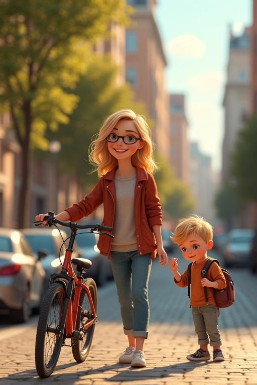 Pixar style image featuring a mid-thirty natural blonde woman with green eyes and two kids in an urban setting. A bicycle is present with a fun trailer. The woman is casually dressed, interacting joyfully with her young son. Background showcases a lively city vibe.