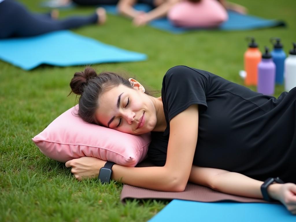 A young woman is peacefully sleeping on a yoga mat outdoors, lying on her side. She wears a black t-shirt and has a smartwatch on her wrist. Her head rests on a pink pillow on a brown mat. Around her are blue yoga mats, water bottles, and other objects, suggesting a group outdoor yoga session. The grass beneath her is vibrant green, indicating a sunny day.