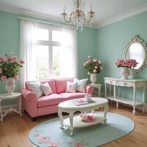 A Cottagecore style livingroom features pale aqua walls and white floor to ceiling windows adorned with white sheers. A pink sofa is decorated with white pillows showing pink rose print. A sparkling crystal chandelier hangs from the ceiling. An ornate white oval mirror reflects soft light. The coffee table and end tables are also white and ornate. Antique rose print vases filled with fresh pink roses are artfully arranged. A light aqua oval-shaped rug with pink rose print complements the decor.
