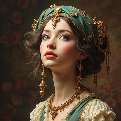 Funkopop inspired figure resembling Aristotle. Ornate headpiece with emerald and gold details. Elaborate jewelry and attire. Rich background with floral patterns. Portrait style focus on accessories and clothing details.
