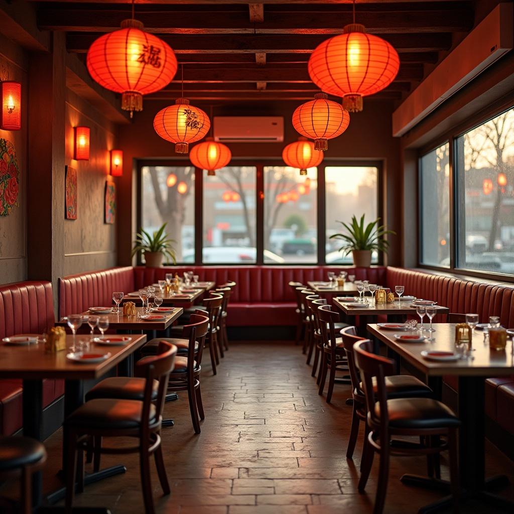 Interior of a Chinese restaurant with tables set for dining. Red lanterns hang above. Warm lighting creates a welcoming atmosphere. Large windows show the outside view.