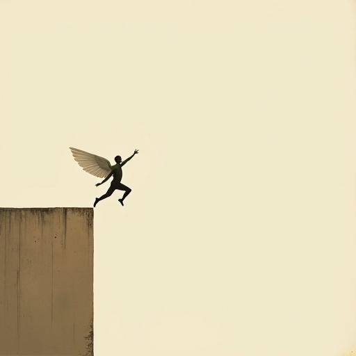 Minimalist surreal conceptual illustration of a tiny vintage human with wings jumping from a building. Oversized objects and vast negative space create a clean background. Elegant and poetic composition with subtle grain texture.