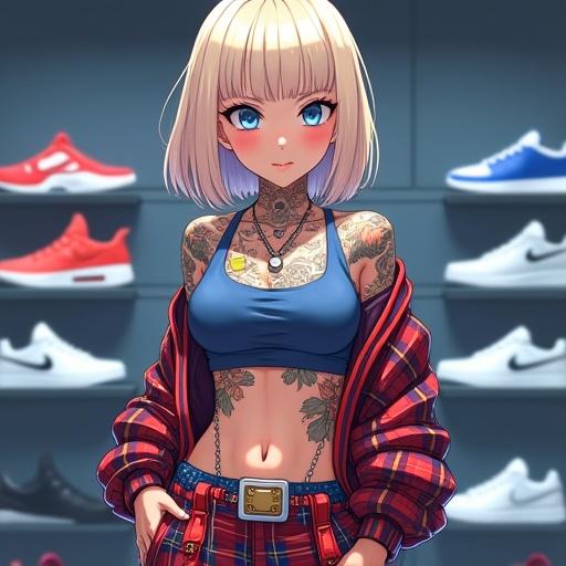 Anime style woman with frosted blue eyes and light blonde blunt bob hairstyle. She wears modern streetwear with plaid prints and tattoos. Setting in a stylish sneaker shop showcasing various sneakers. Character has a confident pose and is depicted as an A-list celebrity.