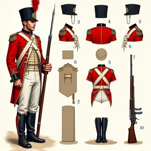 Illustration of a British infantry soldier with detailed uniform elements. Shako hat with emblem, scarlet coatee, white pants, black boots. Equipped with a Brown Bess rifle and various gear. Includes rank insignia details. Art style focuses on uniform breakdown and military history.