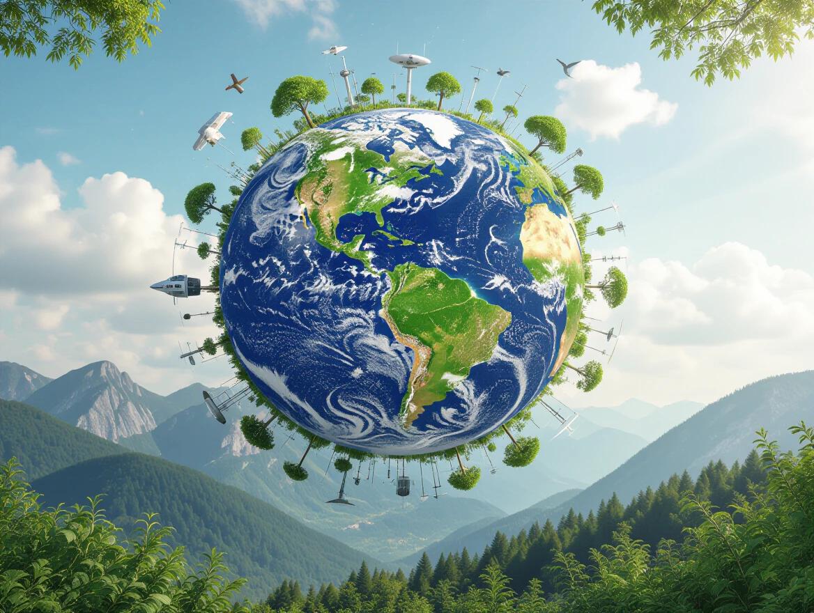 Conceptual art piece blends technology with nature. Displays Earth at the center. Surrounded by trees and technological elements. Mountains and natural landscape in the background. Bright and vivid colors enhance the ecological theme.