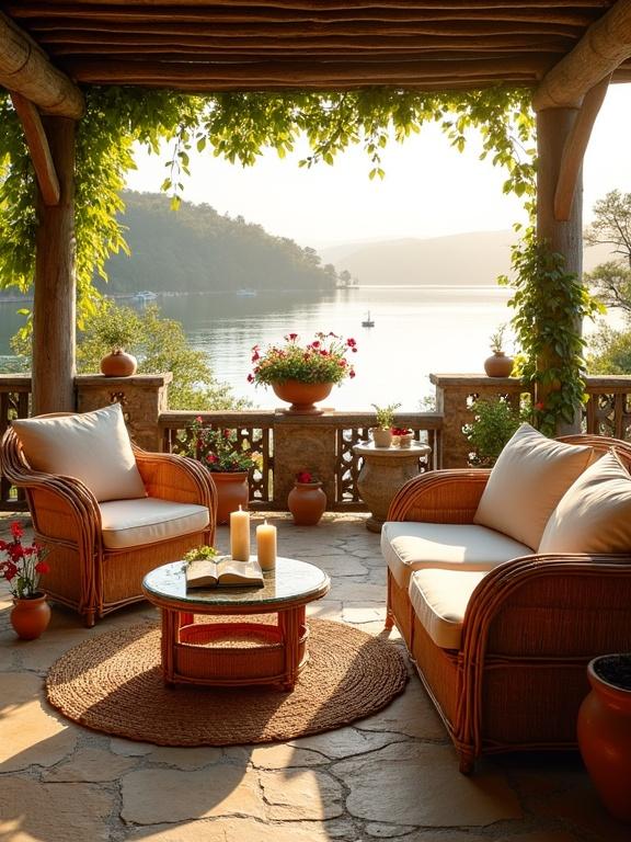 Charming lakeside patio offers rustic Mediterranean vibes. Relaxing space decorated with rattan furniture and vibrant flowers. Warm earthy tones create a harmonious experience with sunset views.