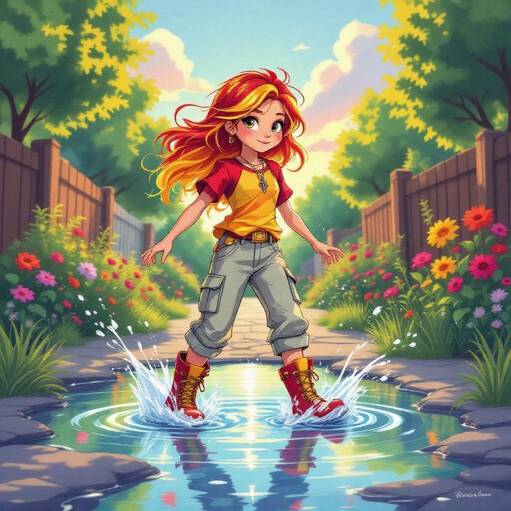 Girl with red and yellow hair splashing in a puddle in a sunny garden. She wears a red and yellow shirt light-grey cargo pants dark-grey socks shiny red hiking boots.