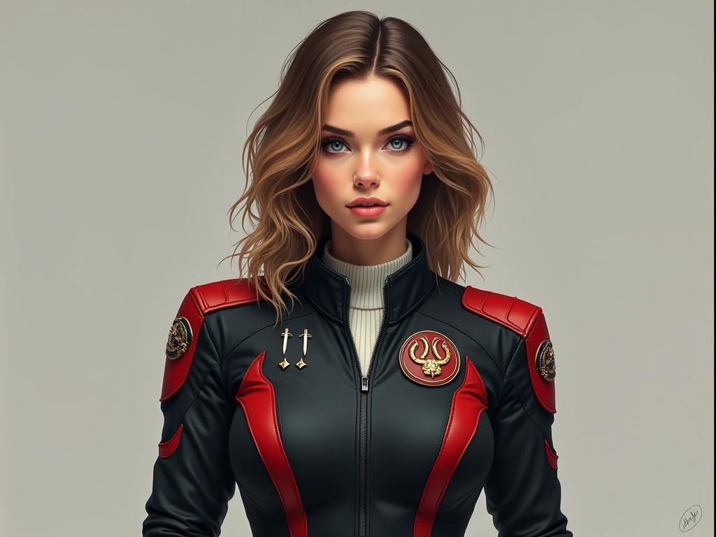 Create a realistic image of a 35-year-old woman with tall and athletic proportions. She has sandy brown hair with darker eyebrows and striking blue-green eyes. She is wearing a sci-fi military uniform made from tough synthetic fabric that is predominantly black with distinct red accents. The jacket has padded shoulders and features red stripes separating the shoulder tops from the chest and back. The jacket is not a bodysuit but layered over a white knit shirt with a flat collar, paired with matching pants. On each shoulder, where the red stripes meet, there are round patches; the left features a white sword over a gold shield with broken gold crescents on red, and the right shows a three-headed gray wolf cerberus over a gold shield with broken gold crescents on black. Additionally, she has four small gold diamonds on her left breast, indicating her rank as Captain, and a comm-badge shaped like a small gold shield with a white sword on her right breast.