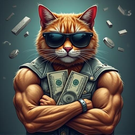 Meme coin cartoon theme featuring a muscular cat with a serious gangster face. Cat wears dark shades and holds dollar notes with silver bars in the background. Vibrant and comedic design.