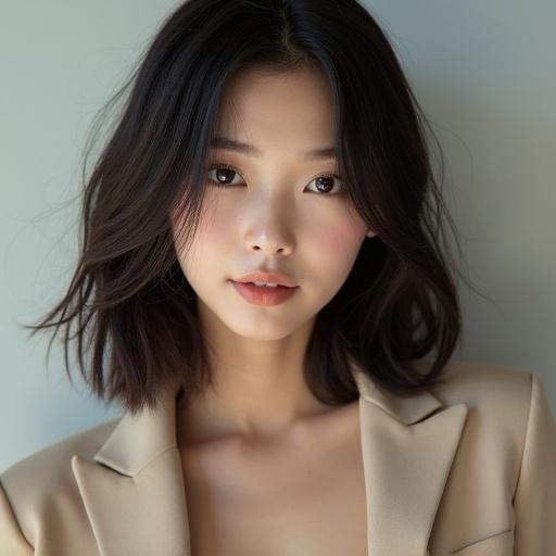 Portrait of an 18-year-old Korean actress with a small face and symmetrical features. V-line jawline and almond-shaped eyes. Supermodel proportions with long legs and slender ankles. Emphasizes glossy skin and vibrant collarbone lines. Full-body portrait showcasing sophistication.