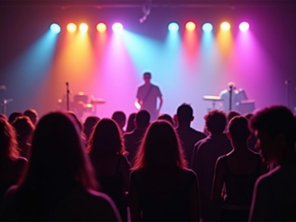 The image captures a vibrant concert scene, showcasing a crowd of enthusiastic attendees silhouetted against a backdrop of colorful stage lights. The audience is facing forward, emphasizing their excitement and engagement with the performance. A performer is visible on stage, illuminated by vivid pink, purple, and blue lights that enhance the lively atmosphere. The lighting creates a striking contrast with the dark silhouettes of the crowd. This dynamic composition reflects the energy and emotion of live music events, drawing the viewer into the experience.