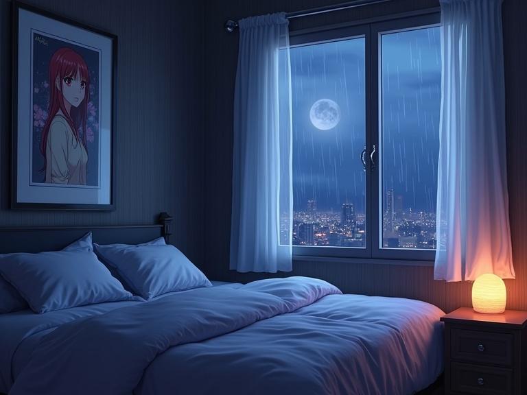 Visual novel bedroom interior. Features an anime poster on wall. Rainy scene outside window. Nighttime ambiance with soft lighting and cozy bedding.