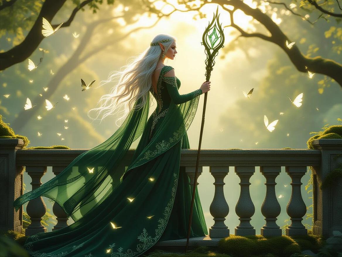 Regal elven queen stands atop a moss-covered stone balcony. She has flowing silver hair and wears an ornate emerald gown. Her staff has glowing runes. Surrounding her are fluttering forest spirits. Scene set in golden hour sunlight with soft rim light on her hair. Background features an ancient forest.