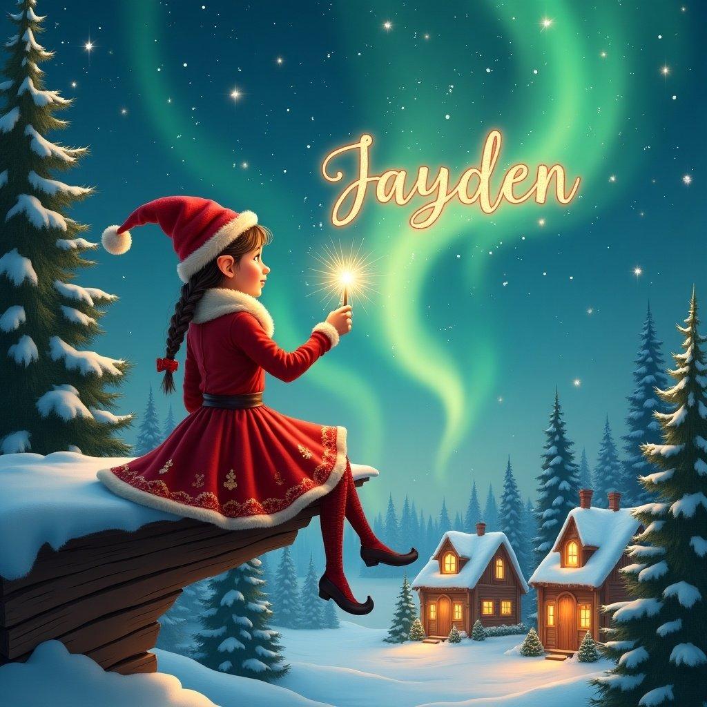 A girl elf sits on a wooden ledge with its back to the camera. The elf is gazing at a magical sky. The elf wears a red dress outfit and a pointed hat. She holds a sparkling wand and writes the name 'Jayden' in the starry sky. The background features a snowy landscape with houses and evergreen trees. The Northern Lights shimmer above, creating a whimsical atmosphere.