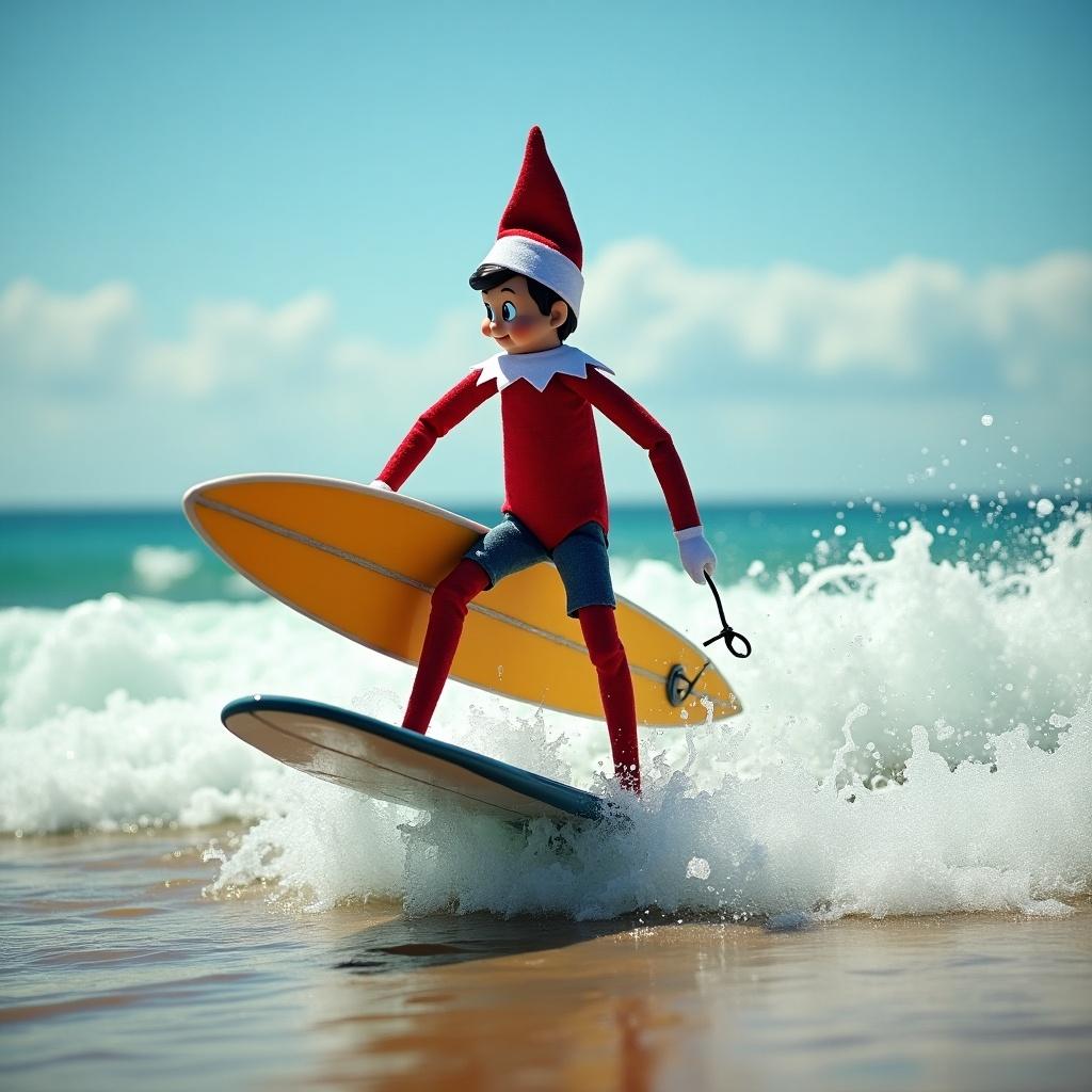 Elf on the Shelf surfing at an Australian beach. Bright sun and big waves. Surfboard riding action.