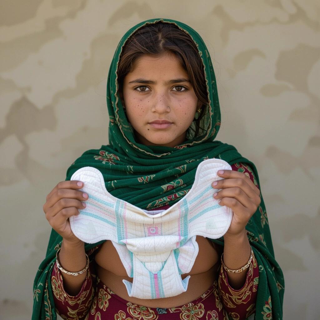 Emotional portrait of a Pakistani girl holding a sanitary pad. The girl is standing with a serious expression. She is changing her sanitary pad with the new one in her hand. Background is neutral.