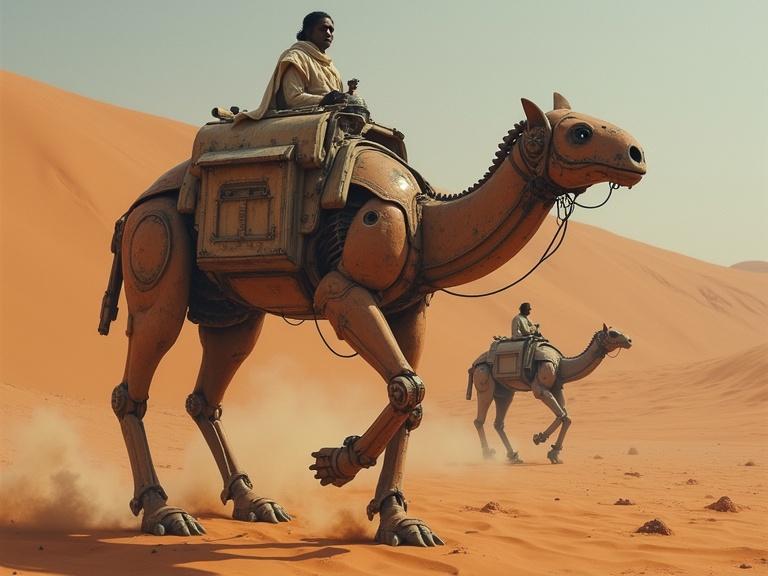 Futuristic desert scene with robotic camels and riders. Bright orange sand dunes under a clear sky. Mechanical features on camels enhance the sci-fi feel.