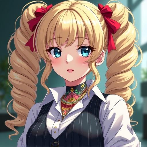 Anime character design. Woman with frosted blue eyes. Large light blonde curly pigtails. Professional pinstriped office dress. Colorful Japanese tattoos. Modern boardroom setting. Summer aesthetic. Significant muscle tone.