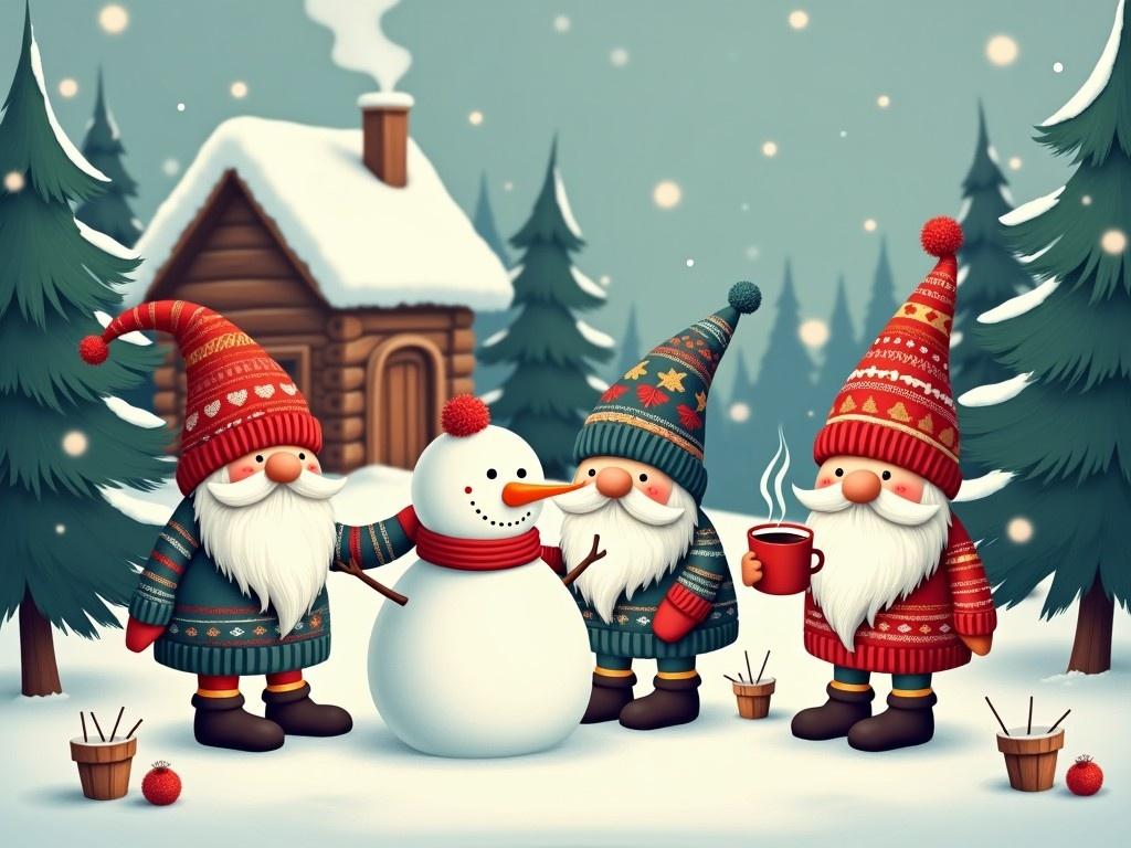 This illustration features a cozy winter scene with three cheerful gnomes gathering around a snowman. Each gnome is dressed in colorful, festive winter attire, complete with hats and scarves. They're standing in a snowy landscape, with evergreen trees surrounding a charming wooden cabin. One gnome holds a steaming cup, while another gently touches the snowman's shoulder. Snowflakes are softly falling, adding to the enchanting winter atmosphere. This delightful image captures the joy and whimsy of the holiday season, perfect for various festive applications.