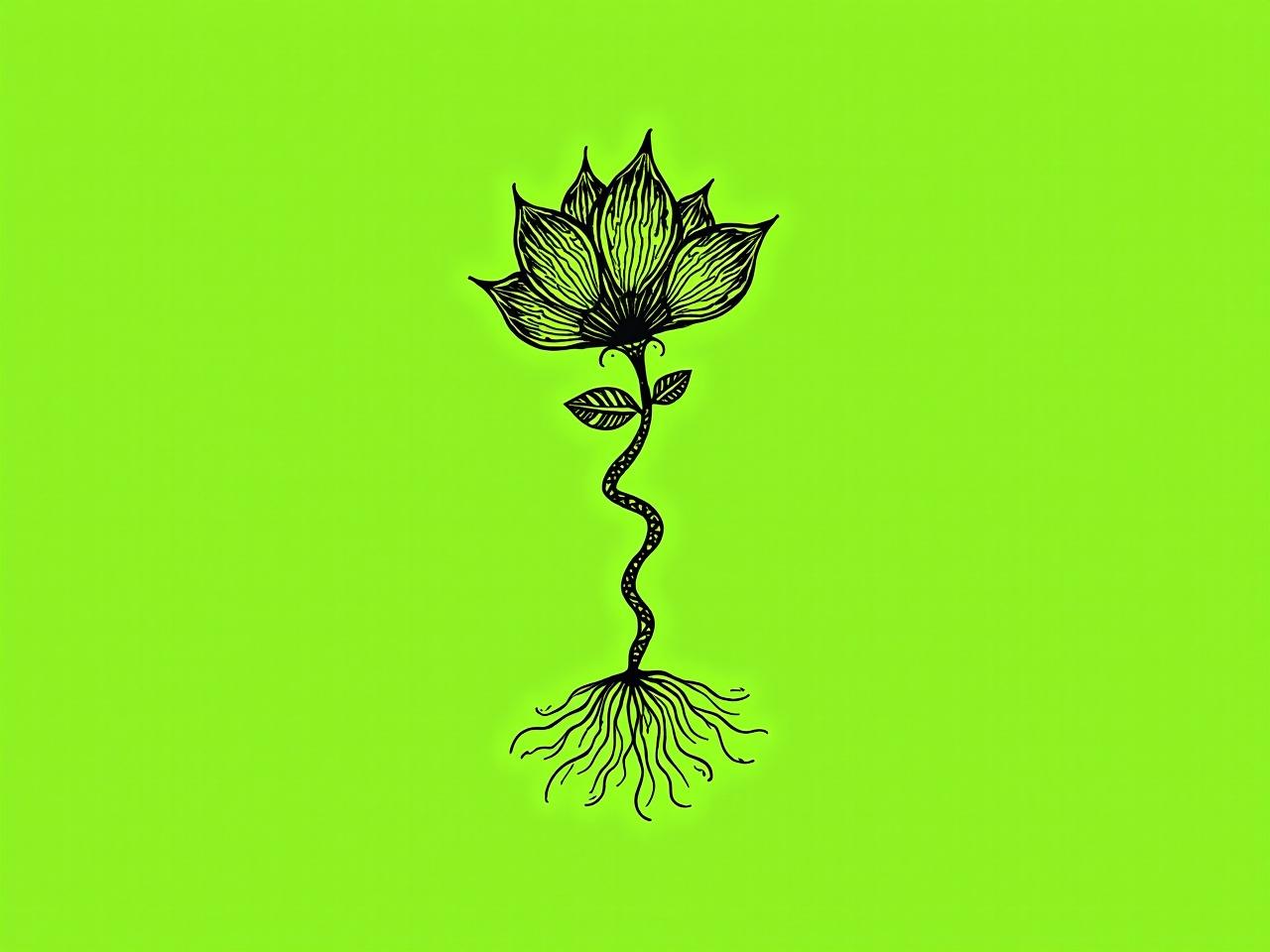 The image depicts a stylized illustration resembling a plant or flower, created in black ink on a bright green background. The upper section has a large, abstract flower with patterned petals, while the middle part consists of a twisted, elongated stem. Below the stem, there seems to be a representation of roots, intricately drawn with curving lines. The overall design incorporates various shapes and patterns that create an organic feel. The contrast between the black ink and the vibrant green background makes the drawing visually striking.