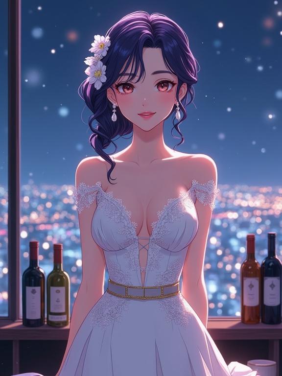 Anime illustration of a beautiful young woman. Dark violet hair styled in an updo. Adorned with white flowers and pearl earrings. Soft light illuminates her face. Gentle smile gazing at viewer. Dressed in a white gown with lace and keyhole neckline. Golden belt at waist. Background shows a nighttime cityscape. Low shelf displays wine bottles. Scene is serene and dreamlike. Artist captures beauty and light.