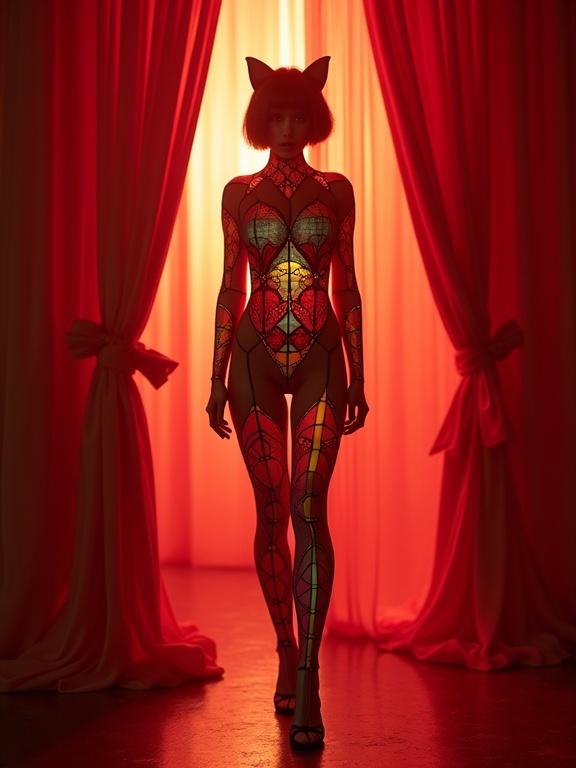 3D catsuit made of stained-glass windows displayed with crimson curtains. Artistic silhouette of the figure is highlighted against a hazy background. Features cinematic elements with a photorealistic finish and film grain.
