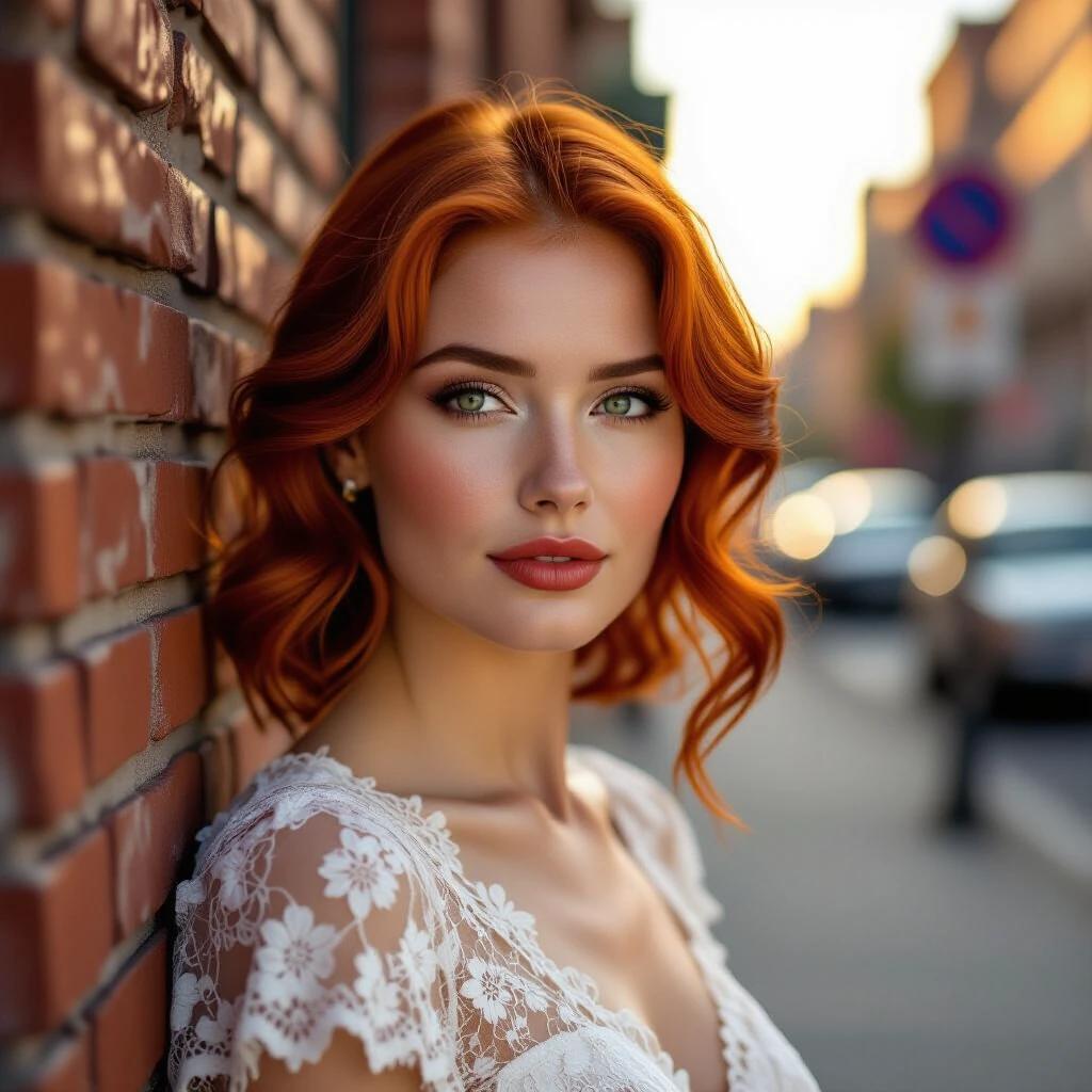 Photorealistic portrait of a woman with red hair and green eyes. She wears a lace dress and stands on an urban sidewalk with brick walls. The lighting is golden hour and has a shallow depth of field. The image has extreme sharp focus on her face and has a dreamy bokeh background.