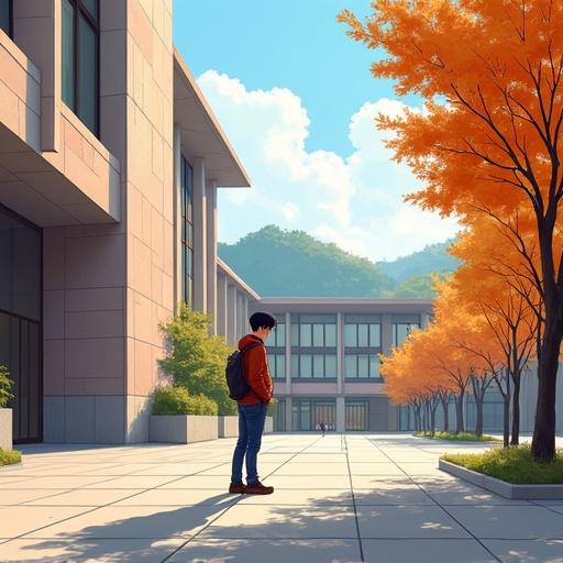 Exterior view of Kyeongseong university campus on an autumn morning. Young Asian man stands near main entrance observing. He holds campus map while looking at bustling crowd. Impressive brick and stone buildings in background. Autumn trees around. Clear morning light enhances mood. Focus on expression of young man contrasting with energy around him. Realistic digital illustration capturing first day at university atmosphere.