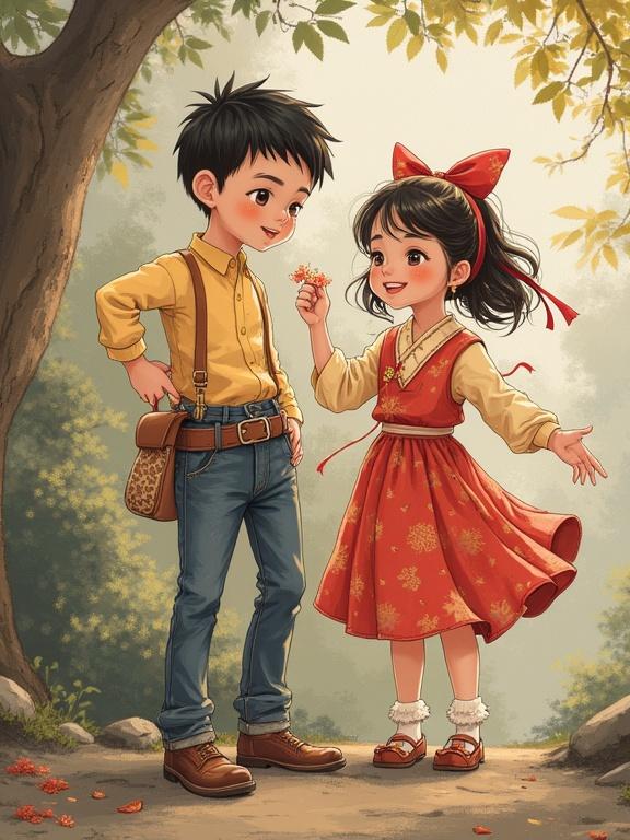 Two children interact in a natural setting. A boy wearing a light yellow shirt and jeans stands with a small bag. A girl in a vibrant red dress adorned with floral patterns holds a leaf, smiling. The background features softly glowing sunlight and leafy greens, emphasizing a cheerful and warm atmosphere.