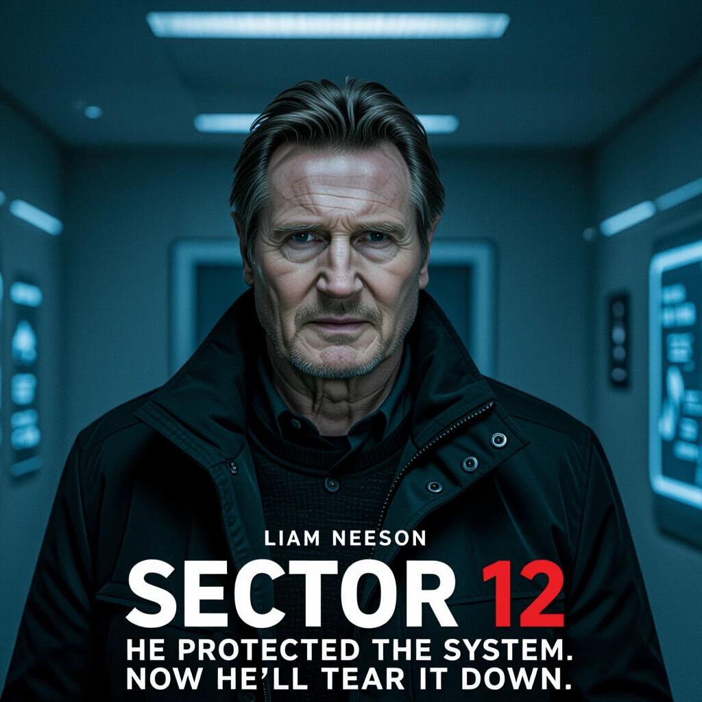 A futuristic hallway with blue lights. A government enforcer stands in the foreground. Dark clothing and serious expression. Text at the bottom reads 'SECTOR 12'. Tagline beneath outlines the character's transition from protector to rebel. Mood is tense and suspenseful.