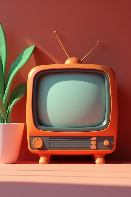 3D animation of a living room with a retro television and a plant. Focus on vibrant colors and minimalistic design. Soft lighting enhances the cozy setting.
