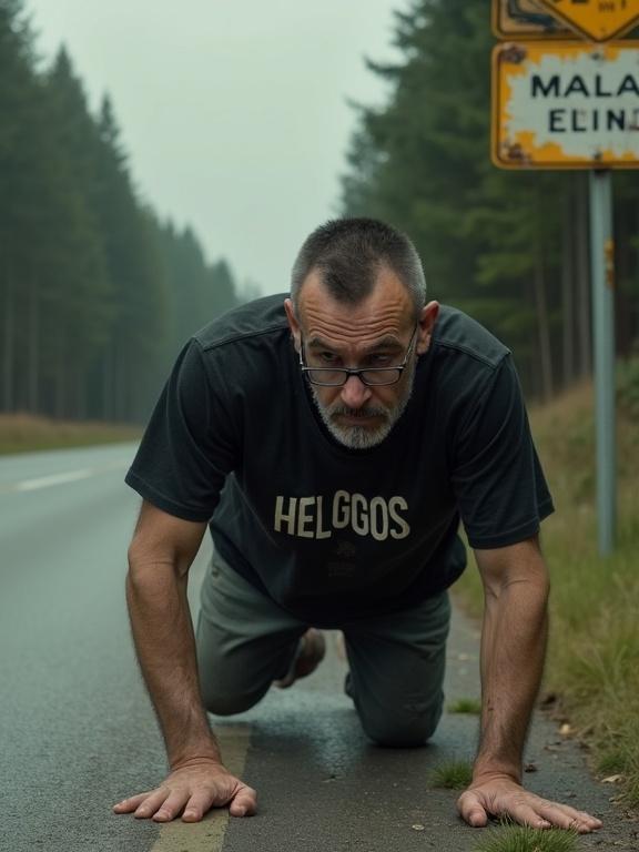 Tall exhausted man crawling on a road. Very short dark hair and scruffy unshaven face. Glasses pushed up on forehead. Torn black T-shirt with HELGOS printed. Weathered sign says MALA VELEN. Expresses desperation. Cinematic lighting and gritty realism.