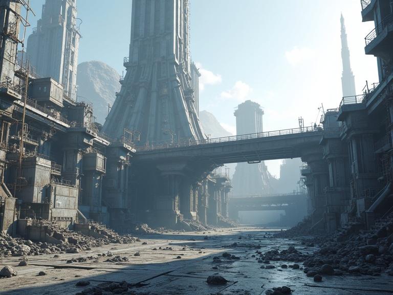 Detailed image of a grey sci fi outdoor starship yard military base. Features blocky bevel designs and metal pipelines. Includes metal steps in a tower, ladders, and a construction pit. Displays a metal bridge and underpass with a wide platform. The scene shows large towers under a sunny blue sky with small people for scale.