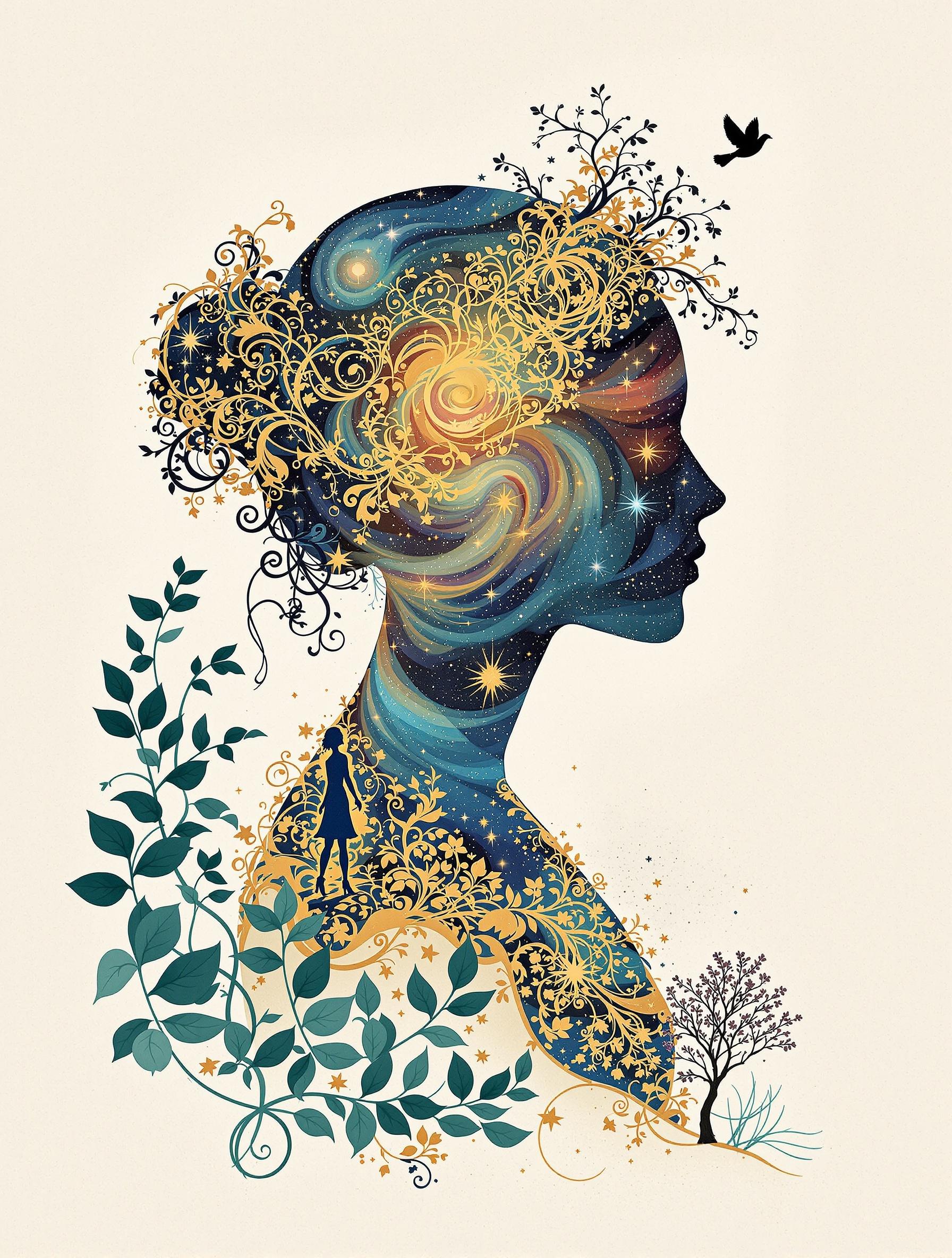 A woman’s profile silhouette filled with a swirling galaxy of colors. Intricate gold filigree patterns and flourishes decorate edges and interior. Plants with dark teal leaves grow along the lower left. A silhouette of a walking woman partially obscured by leaves and filigree. A small stylized tree in the lower right. A bird in flight above the head. Slightly vintage, ethereal look. Watercolor-like texture subtly underlies the piece.