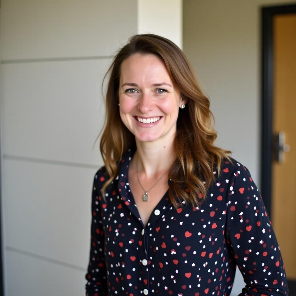 A portrait of a smiling woman standing in a bright, professional setting. She has shoulder-length wavy hair and is wearing a black shirt decorated with red hearts. The background features plain walls and a door, suggesting a corporate or office environment. Her expression is warm and inviting, conveying confidence and approachability. The natural light enhances the overall cheerful atmosphere.