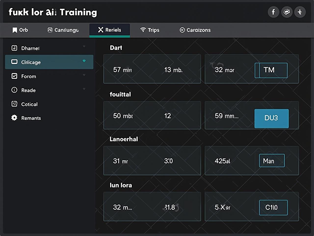 The image depicts a digital user interface for training sessions. It displays various entries including session names, durations, and codes. The overall design is sleek and modern, suitable for technology-related applications. The interface includes features like filtering options for users to navigate easily. Data is organized in a grid format, allowing for efficient viewing of information.