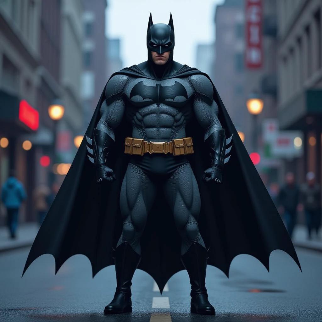 Batman stands confidently in an urban setting. Character wears a dark costume with a cape. Showcases a muscular build. Background features blurred city elements. The atmosphere is moody and dramatic.
