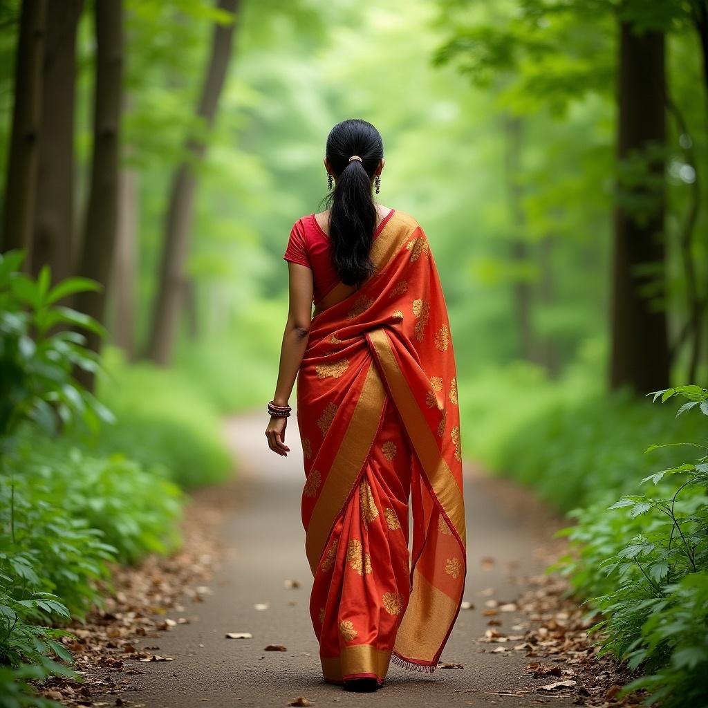 Woman in a saree walking down a forest path. Full body view. Young adult woman in traditional dress. Natural setting with trees and greenery.