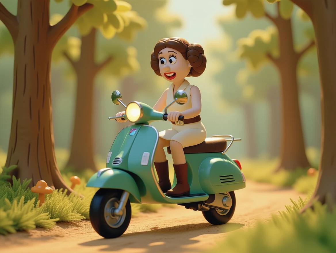 A character riding a Vespa in a forest scene. The artwork resembles claymation style. Soft textures and warm lighting create a nostalgic atmosphere. The background features trees and earthy colors.