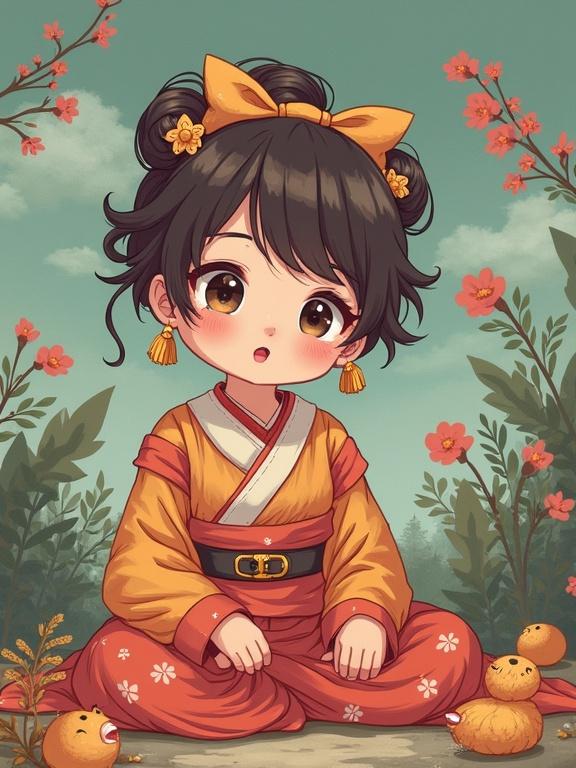 Illustration of a cute girl wearing a traditional outfit sitting on the ground surrounded by flowers and small oranges.