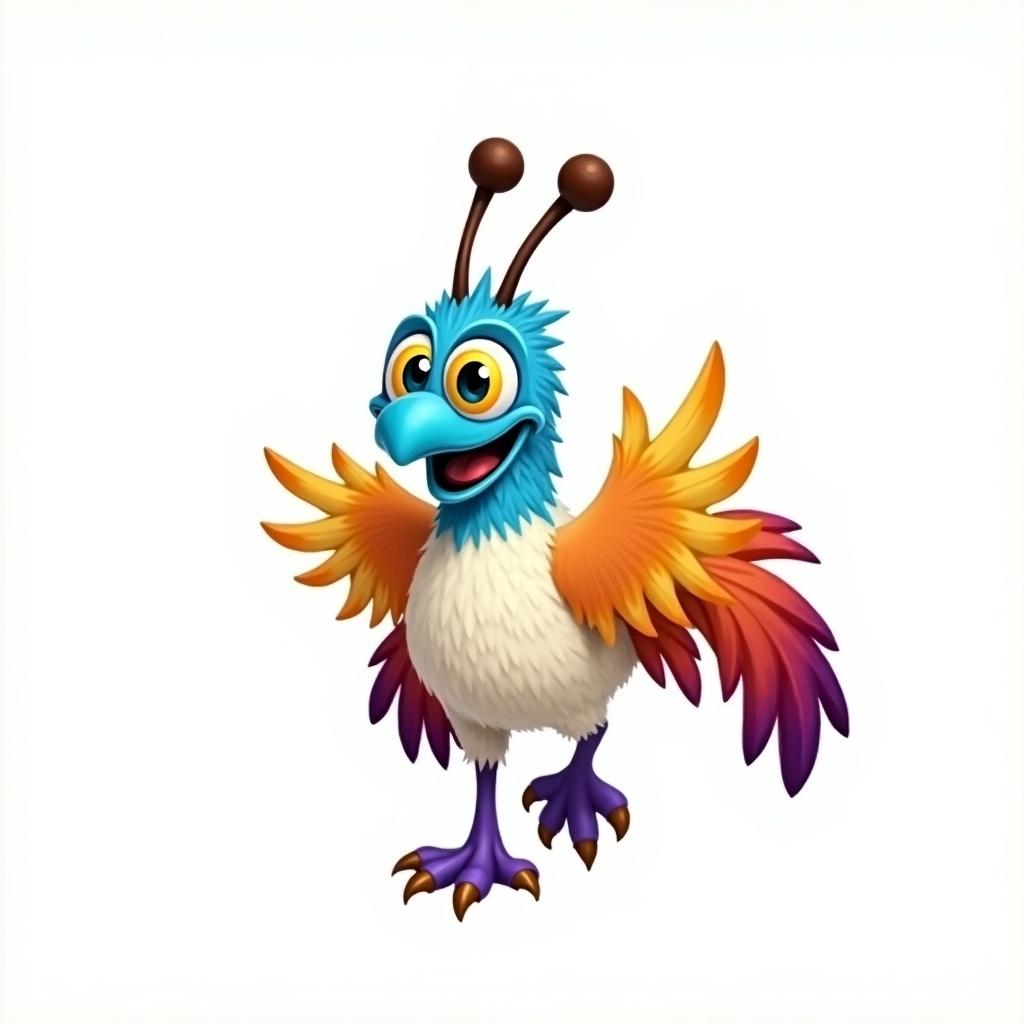 The image features a vividly colored, fantastical bird-like creature with a playful and exaggerated design. The character has a bright blue mask-like facial pattern, large yellow eyes with blue pupils, and a small blue beak that is open, giving a surprised or happy expression. Two long feather-like antennae protrude from the head, ending in brown fan-shaped tips. The body is predominantly white with soft, feather-like textures, transitioning to orange and yellow on the wings. The bird's legs and feet are bright purple, while its tail feathers display a combination of purple and red. The background is plain white, creating no distractions from the subject.