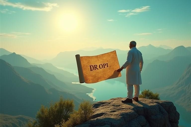 A 3D scene of a scientist on a cliff overlooking an Indian landscape with mountains and rivers. He holds a blueprint labeled 'DRDO'. The scene symbolizes self-reliance. Bright daylight with vibrant colors and ultra-HD detail.