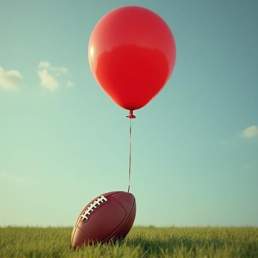 A football tied to a small red balloon with a thin thread floating in the air