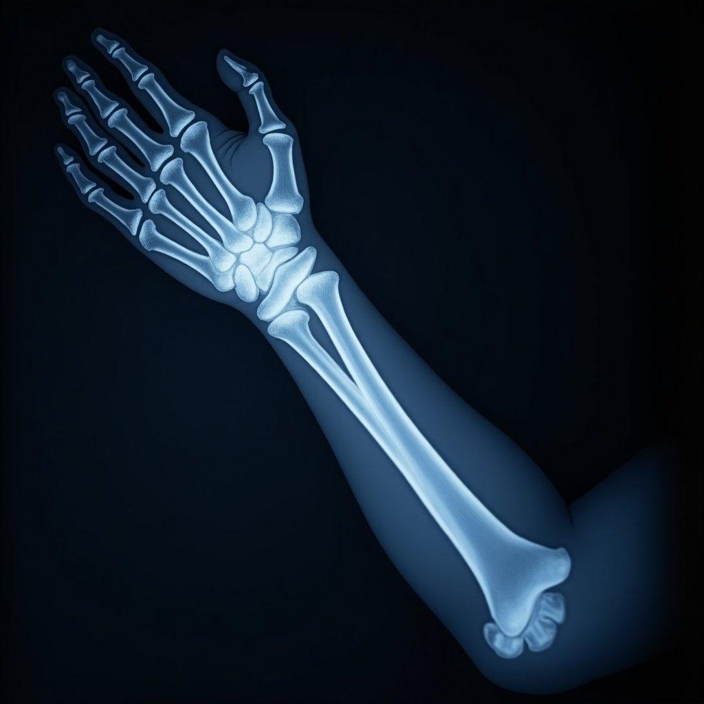 X-ray of a broken arm shows a detailed fracture line. Visualizes necessary treatment options. High contrast for clarity. Cool tones emphasize medical aspect. Ultra-detailed rendering with dramatic lighting highlights the fracture. Professional medical illustration style. High-resolution for enhanced examination. Neutral background for focus.